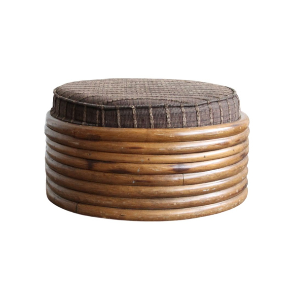 Bamboo wrapped pouf with brown cushion on top for party and wedding rentals