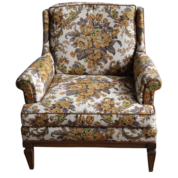 Vintage floral lounge chair great for a warm accent in a wedding lounge or any party needing rentals