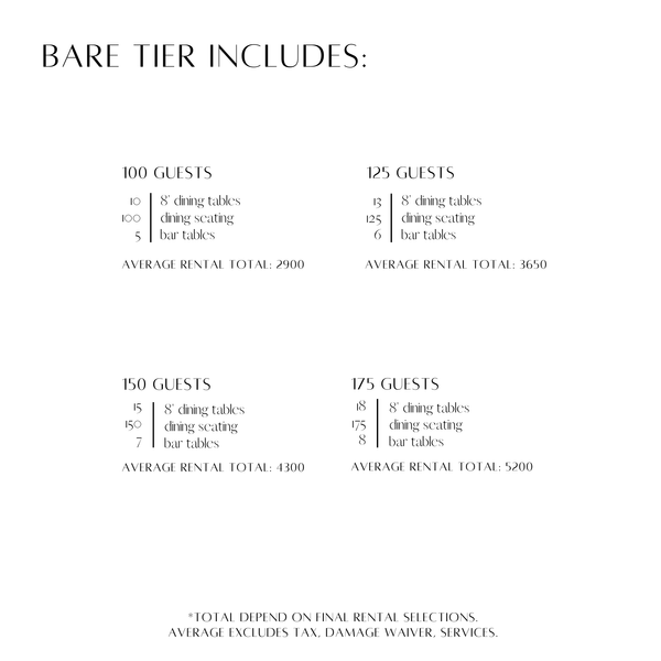 Bare tier pricing guide for entire wedding or event from Relics Rentals in Milwaukee, WI