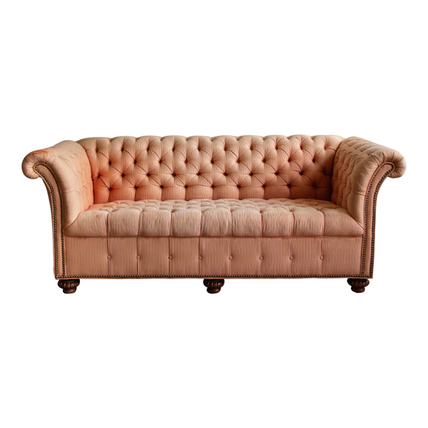 Tufted bubble gum color sofa available for event and party rentals 