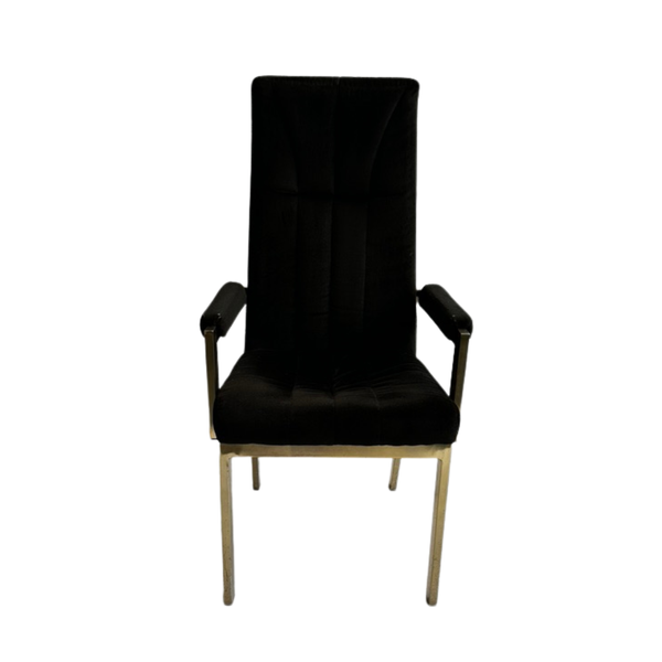 Modern tall back chair with black fabric and brass accents