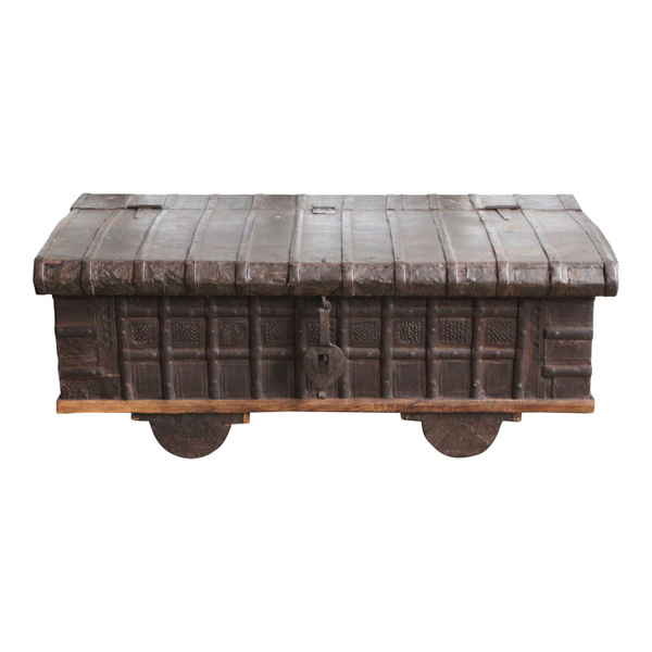 Asian inspired metal roling coffee table trunk