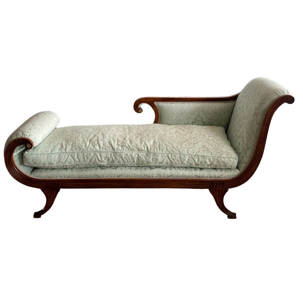 Light mint green chaise with wood detailing 