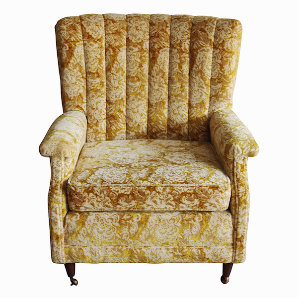 Small floral white and gold lounge chair for rent from Relics Rentals in Milwaukee, WI