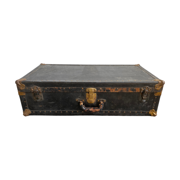 Black and brass vintage trunk for party rentals from Relics Rentals