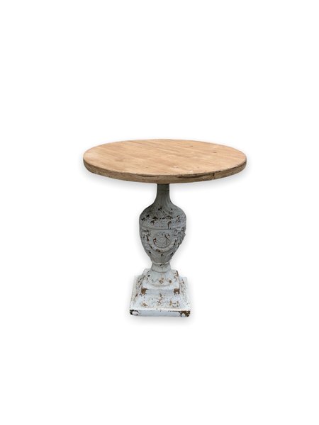 French inspired pedestal table with wood grain top.  Wedding cake table.