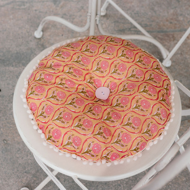 Round Seat Cushion - Ochre & Pink patterned