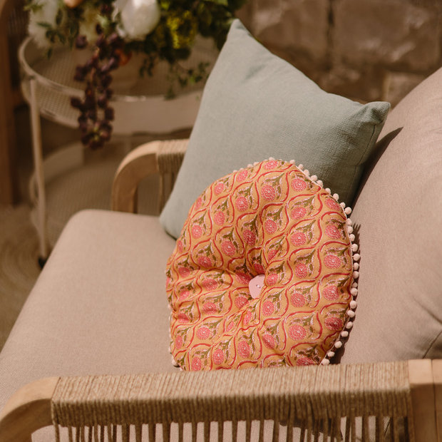 Round Seat Cushion - Ochre & Pink patterned