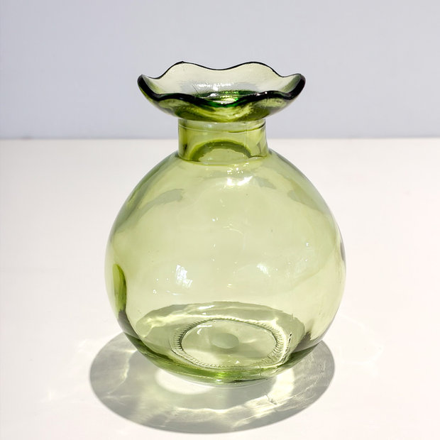 Green Glass Round Scalloped Bud Vase