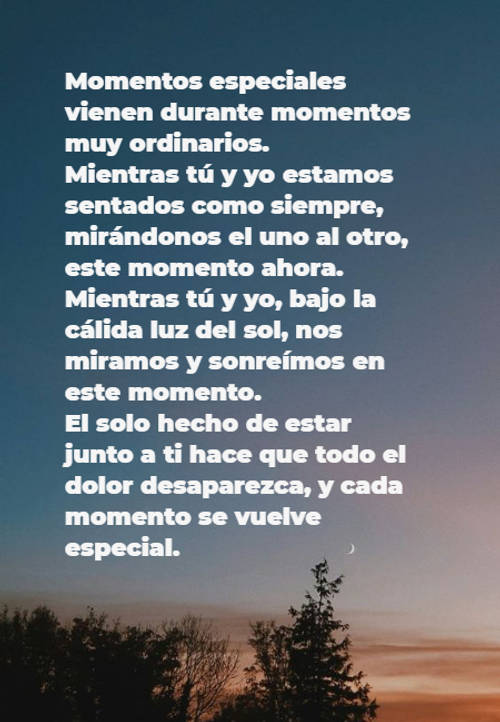 Frases de Amor - Momentos especiales vienen durante momentos muy ordinarios.  Mientras tú y yo estamos sentados como siempre, mirándonos el uno al otro, este momento ahora.  Mientras tú y yo, bajo la cálida luz del sol, nos miramos y sonreímos en este momento.  El solo hecho de estar junto a ti hace que todo el dolor desaparezca, y cada momento se vuelve especial.
