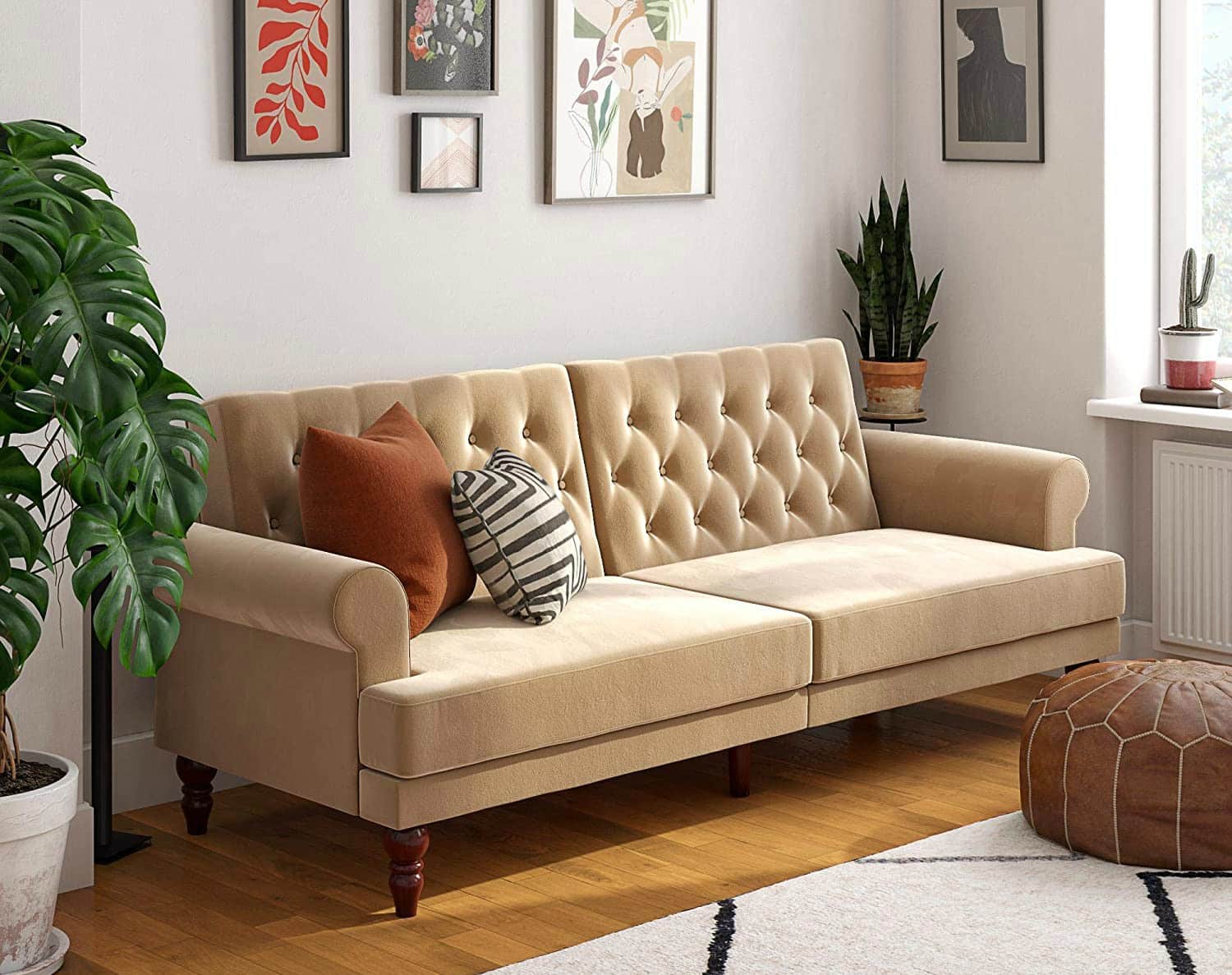 Novogratz Upholstered Cassidy Convertible Couch Ivory Velvet Futon 