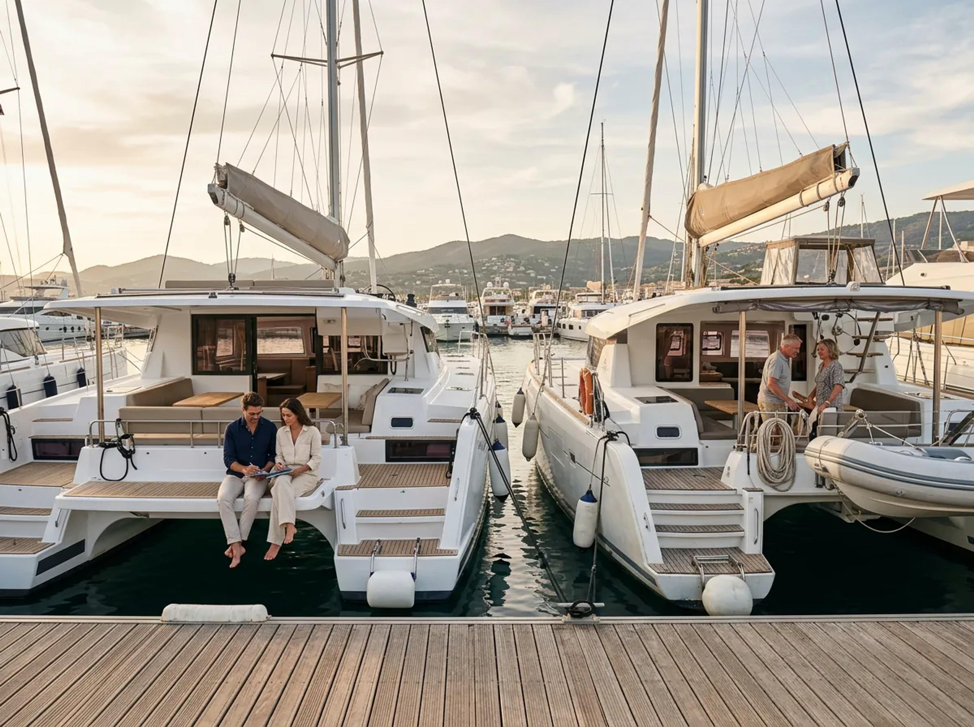 Two catamarans in a marina representing new versus pre-owned choices