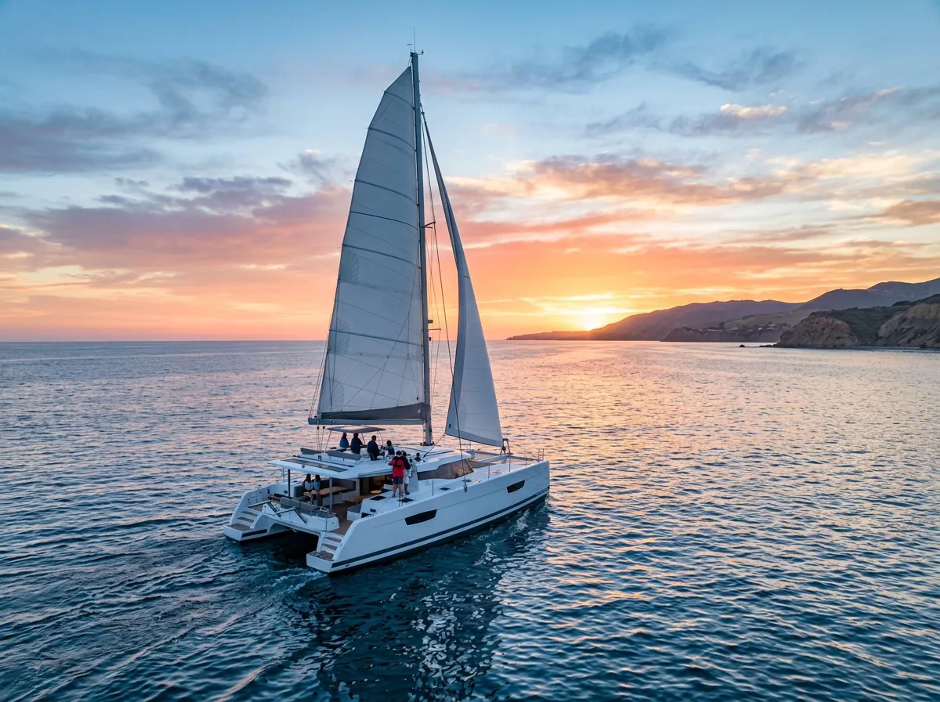 Catamaran sailing into a fresh California sunrise