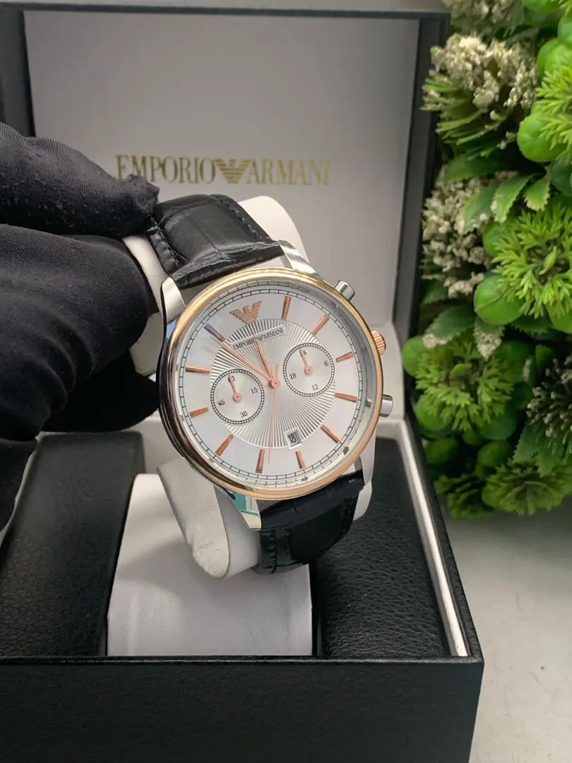 Armani Chronograph Leather Watch – Black Strap Watch for Gentlemen
