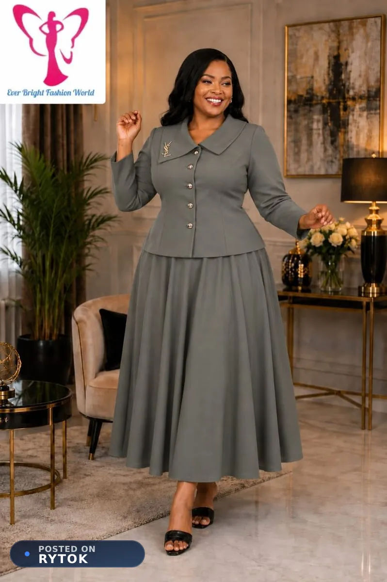 Elegant Women's 2-Piece Blazer and Maxi Skirt Suit Set - Grey