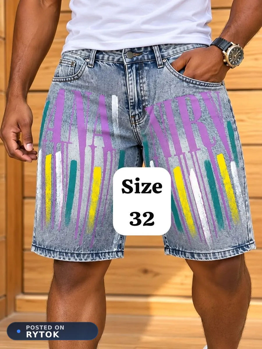 Men's Flame Print Studded Distressed Denim Shorts, Size 31 — photo 7