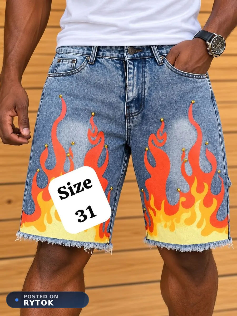 Men's Flame Print Studded Distressed Denim Shorts, Size 31