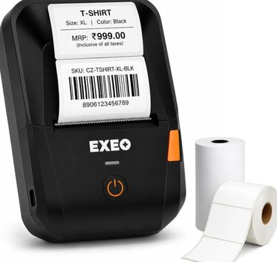 EXEO EX58C Portable Bluetooth Thermal Label & Receipt Printer | 2 Inch (58mm) | Inkless | 203 DPI | Android, iOS & Windows | 2000mAh Rechargeable Battery | Barcode, Price & Product Labels