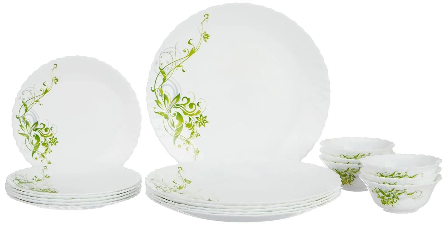 Larah by Borosil Erba Opalware 18 Pcs Dinner Set, Opal Glass Dinner Plates & Bowls, Crockery Set for Dining, Microwave Safe
