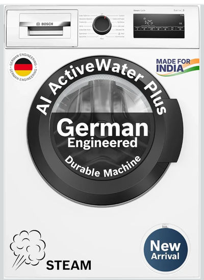 Bosch 9 kg 5 Star Front Load Fully-Automatic Washing Machine, AI ActiveWater, 14 Wash Programs, Removes 99.9% Germs with Steam, No Tangle or Wrinkle, SoftCare Paddle,Zero Vibration, White, WGA14200IN