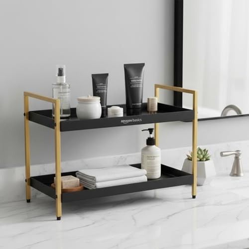 Amazon Basics 2-Tier Multipurpose Metal Countertop Organizer Rack - Kitchen, Bathroom & Dressing Table Storage Stand | Spice Rack, Cosmetic & Bathroom Organizer | 40.9L X 20W x 30H cm