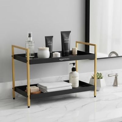 Amazon Basics 2-Tier Multipurpose Metal Countertop Organizer Rack - Kitchen, Bathroom & Dressing Table Storage Stand | Spice Rack, Cosmetic & Bathroom Organizer | 40.9L X 20W x 30H cm