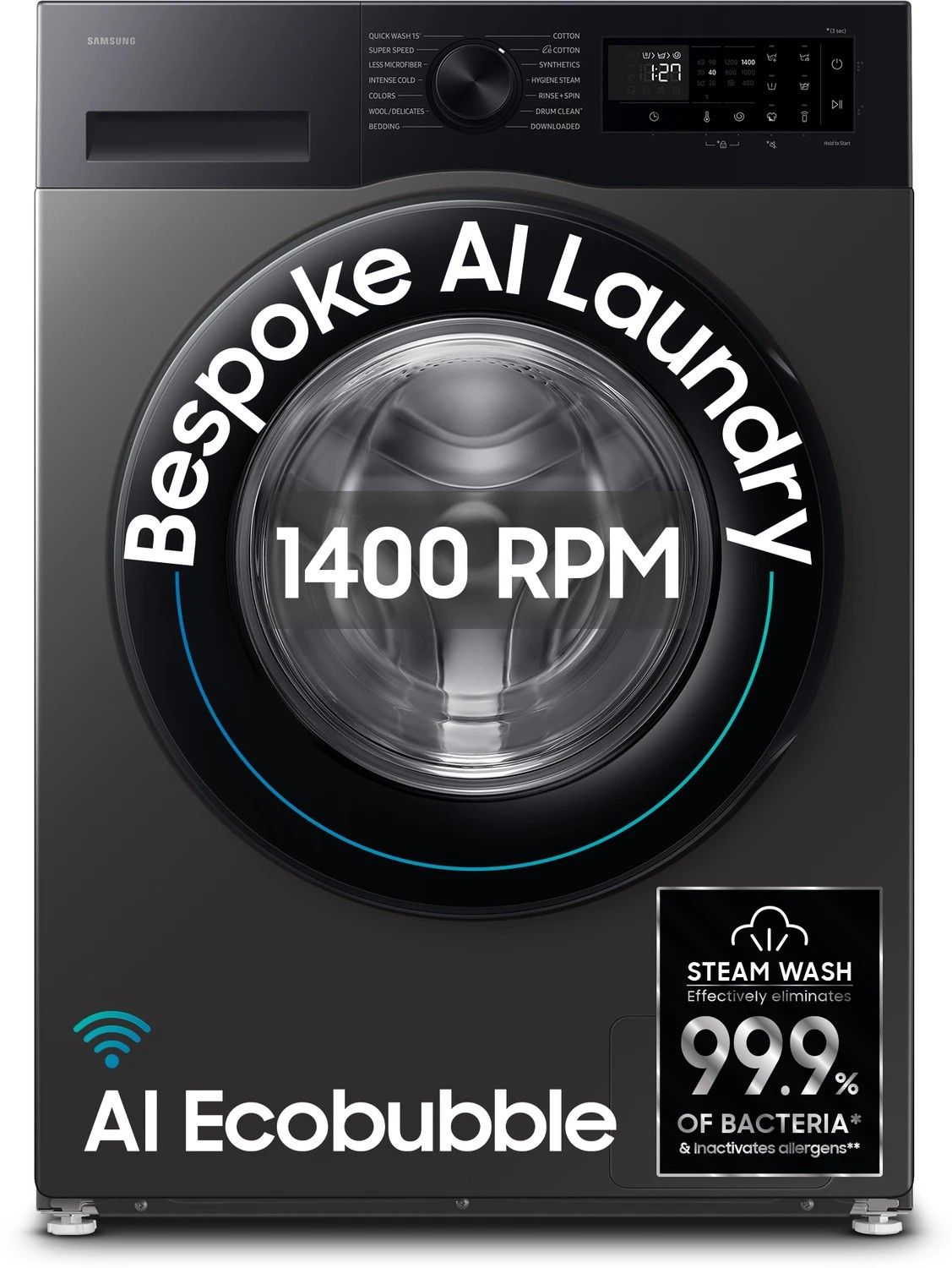 Samsung 9 kg 5 Star, AI Ecobubble, Super Speed, Wi-Fi, Hygiene Steam, Digital Inverter Motor Fully Automatic Front Load with In-built Heater Grey (WW90DG5U24AXTL)
