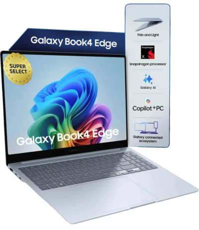 Samsung Galaxy Book4 Edge Series Copilot Snapdragon X -(16 GB/512 GB SSD/Windows 11) NP750XQB-KA1IN Thin and Light Laptop (15.6 Inch, Sapphire Blue, 1.55 Kg, With MS Office)