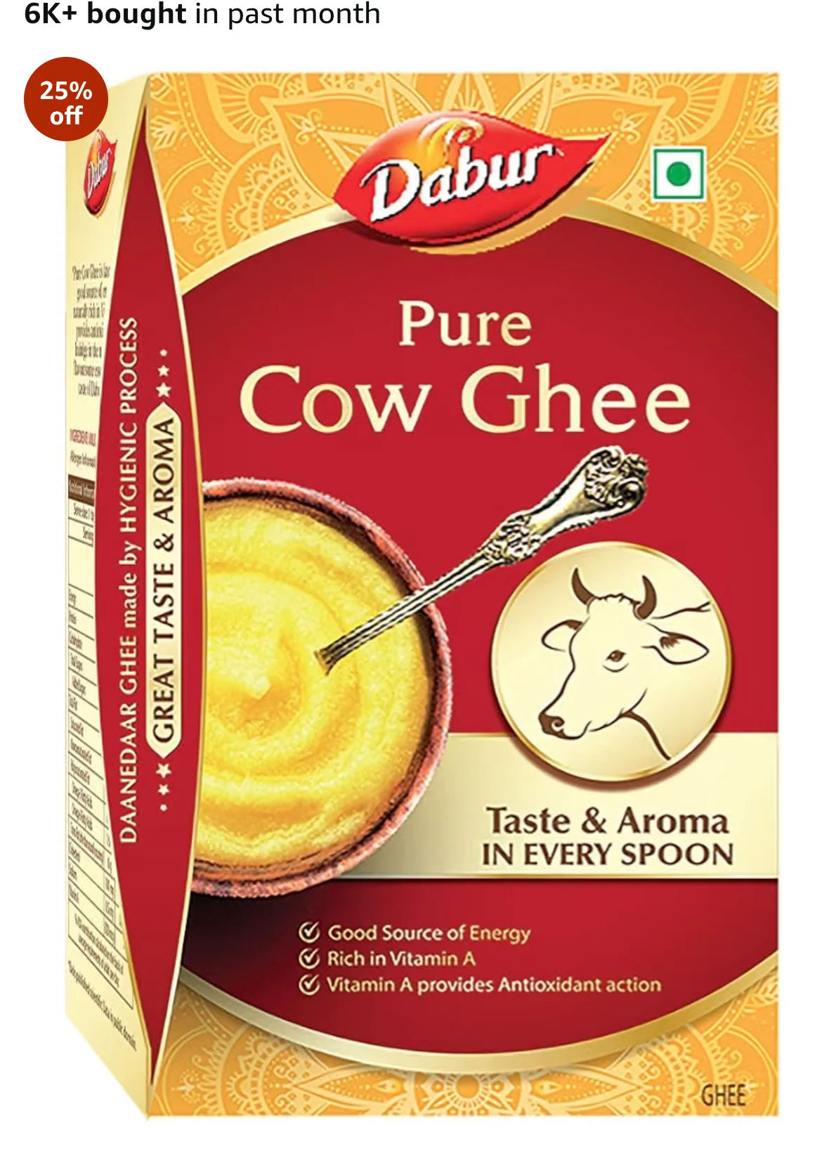 Grab this deal:Dabur Pure Cow Ghee - 900 ML | Daanedaar with Rich Aroma | Rich in Vitamin A | Provides Energy/Source of Energy