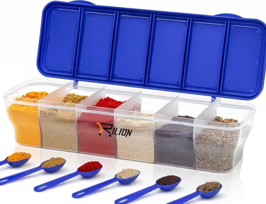 RILION Multipurpose 6-in-1 Masala Box for Kitchen| Airtight BPA-Free Plastic 6 Section Storage Container with 6 Spoons, 1800 ml Transparent Pickle Box for Spices| Dry Fruits, Snacks Pack Of 1 Blue