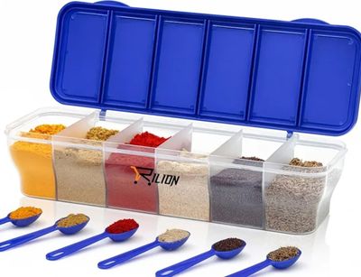 RILION Multipurpose 6-in-1 Masala Box for Kitchen| Airtight BPA-Free Plastic 6 Section Storage Container with 6 Spoons, 1800 ml Transparent Pickle Box for Spices| Dry Fruits, Snacks Pack Of 1 Blue