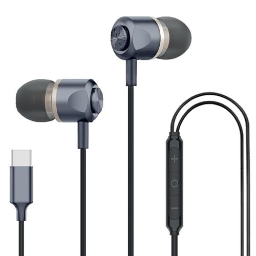 Kratos Tune V7 C Type Earphones Wired, Deep Bass Drivers Earphone with Volume Control,Metallic C pin Earphones (Grey)