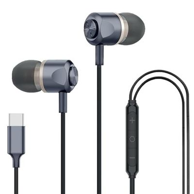 Kratos Tune V7 C Type Earphones Wired, Deep Bass Drivers Earphone with Volume Control,Metallic C pin Earphones (Grey)