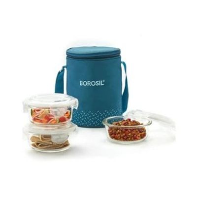 BOROSIL Teal Lunch Box with Bag, 3 Pc (400 ml x 3 Round), Glass Office Tiifin 3 Containers Glass Office Lunch Box (1200 ml, Microwave Safe)