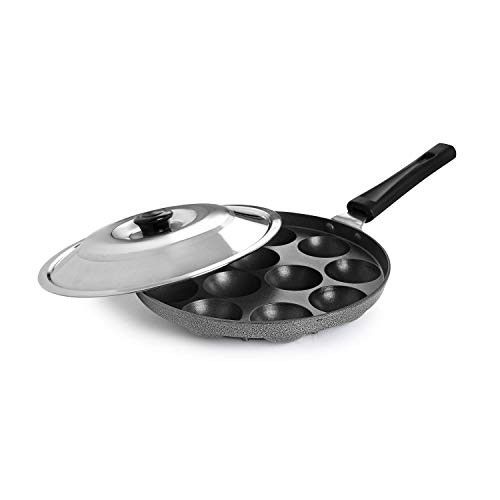 CELLO Aluminium Nonstick 12 Cavity Appam Patra Pan Maker with Steel Lid, Black | Single Bakelite Handle, Gas Stove Compatible Mini Die-Cast Uttappa Paniyarakkal Cup Cake Frying Pan Kadhai for Kitchen