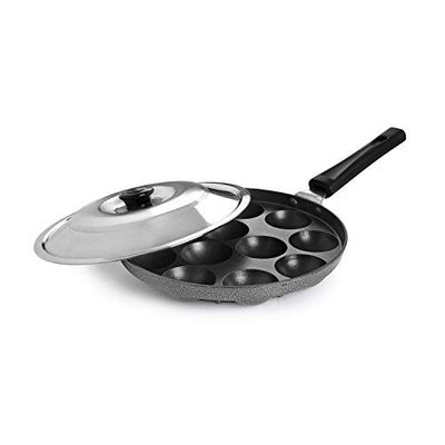 CELLO Aluminium Nonstick 12 Cavity Appam Patra Pan Maker with Steel Lid, Black | Single Bakelite Handle, Gas Stove Compatible Mini Die-Cast Uttappa Paniyarakkal Cup Cake Frying Pan Kadhai for Kitchen