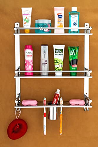 Oslen Stainless Steel 3 Layer Multipurpose Use Shelf Organizer Bathroom Shelf and Rack with Double Soap Dish and Toothbrush Holder Soap Holder Bathroom Accessories (16 x 5 x 19 inch)
