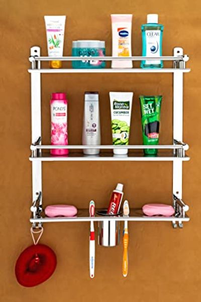 Oslen Stainless Steel 3 Layer Multipurpose Use Shelf Organizer Bathroom Shelf and Rack with Double Soap Dish and Toothbrush Holder Soap Holder Bathroom Accessories (16 x 5 x 19 inch)
