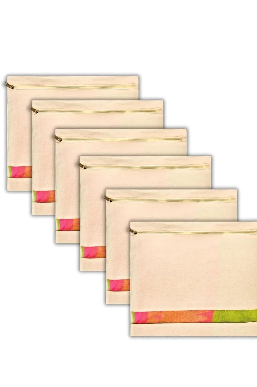 Gritty Cotton Canvas Saree Bag Big Size Single (16x14 Inch) with Zip Closure for Clothes Bags and Wardrobe Organizer with Transparent Mesh Window, Beige (PACK OF 6)
