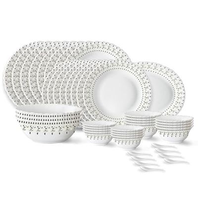 Larah by Borosil Ora Gold Fluted Series Opalware Dinner Set | 44 Pieces for Family of 8 | Microwave & Dishwasher Safe | Bone-Ash Free | Crockery Set for Dining & Gifting | Plates & Bowls | White