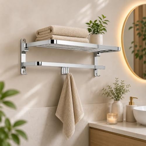 Hindware Bathroom Accessories-Stainless Steel 304 Grade Folding Towel Rack for Bathroom | 24 Inches | Towel Holder in Bathroom | Bathroom Stand
