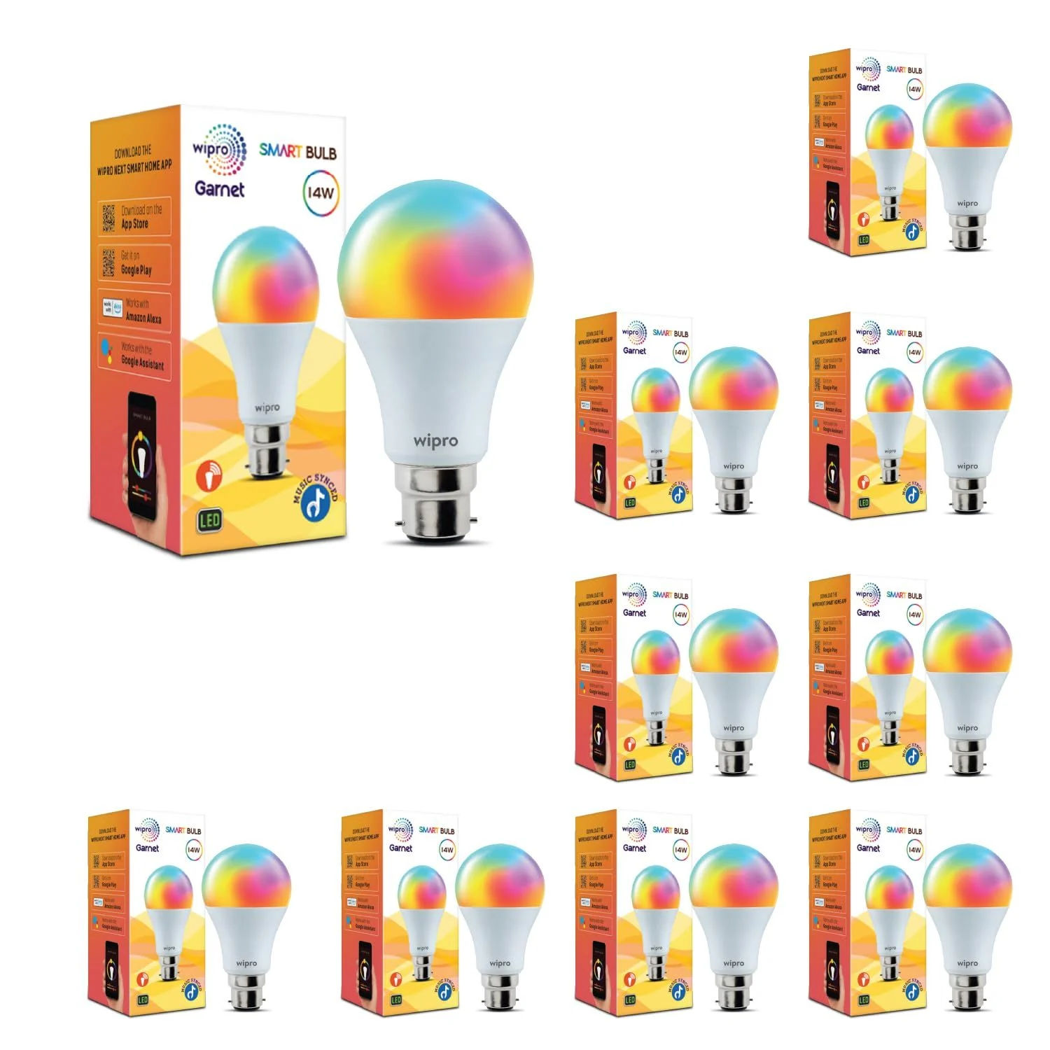 Pack of 10, wipro 14 Watt B22 WiFi Smart LED Bulb with Music Sync | 16M Colours & Shades of White | App Control | Compatible with Amazon Alexa and Google Assistant | Ideal for Living Room & Bedroom