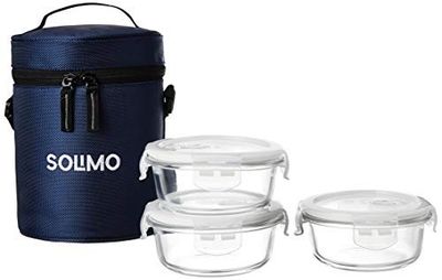 Amazon Brand - Solimo Glass Lunch Box Set with Sliding Air Vents and Bag (3 pieces, 400ml, Transparent)