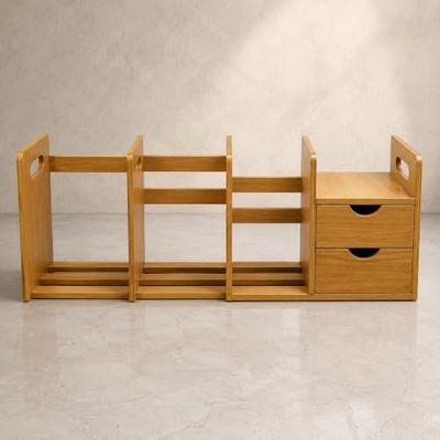 Expandable Wooden Desk Organizer with 2 Drawers Adjustable Desktop Bookshelf Office Desk Storage Rack Study Table File Holder Stationery Organizer Engineered Wood Brown