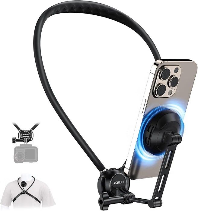 MOBILIFE Magnetic Neck Phone Holder Flexible Hands-Free POV Neck Mount | Chest Strap 360°Rotatable Adjustable