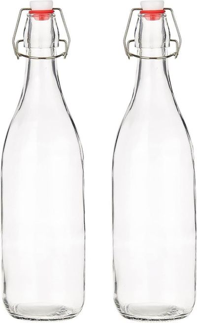 Amazon Brand - Solimo Swing Top Water Bottle with Stopper - Set of 2 (1 Liter) - Glass, Transparent