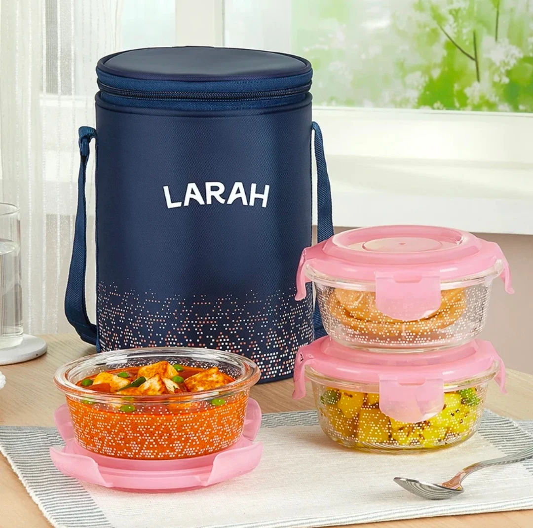 Larah By Borosil Speckle Pink Borosilicate Glass Lunchbox, 3pc Round Set (400ml x 3) Tiffin 3 Containers Glass Office Lunch Box (1200ml)