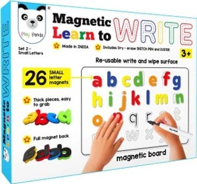 PLAY PANDA Magnetic Learn to Write Small Letters - includes Write and Wipe Magnetic Board, 26 Small Letter Magnets, Dry Erase Sketch Pen and Duster - Simplify teaching and learning (Blue)