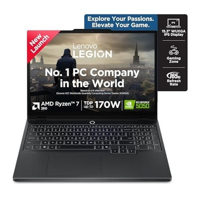 Lenovo Legion 5 2025, AMD Ryzen 7 260, NVIDIA RTX 5050 8GB, 16GB RAM, 1TB SSD, WUXGA IPS, 15(39.6cm), 165Hz, Windows 11, Office 2024+AI Now, Black, 2.5Kg, 83M00073IN, Gaming Laptop