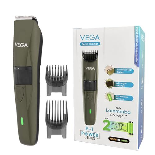 VEGA Power Series Beard Trimmer for Men with Self-Sharpening Stainless Steel Blade, 160 Min Runtime, 40 Length Settings, USB Type-C, Corded & Cordless Use, 2 Comb Attachments, 1 Yrs Warranty (VHTH-25)